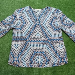 C&E Blue and white geometric print long sleeve top womens t shirt size xs #geome